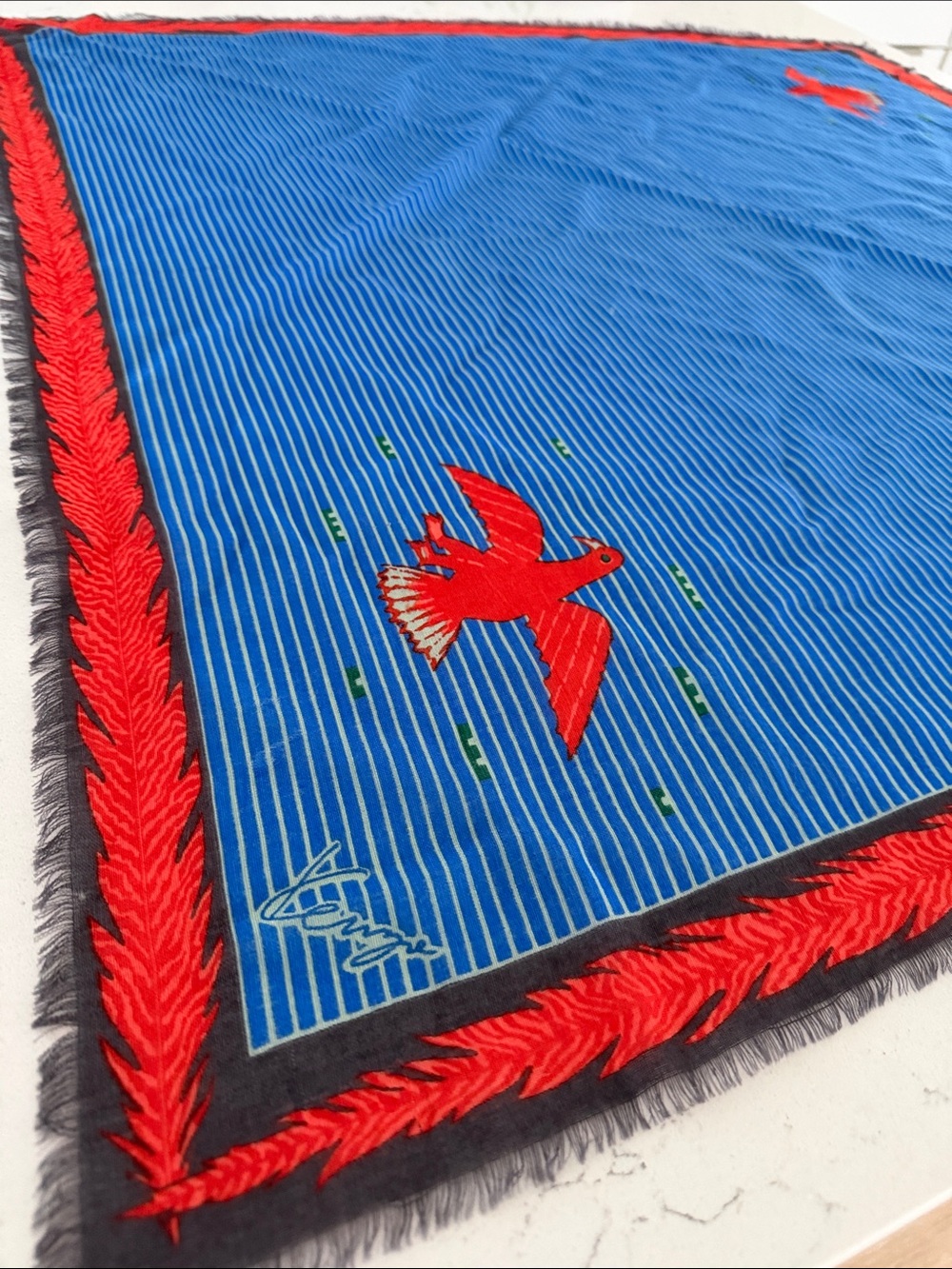 Vintage  Kenzo  100% Wool Square Scarf with Red Birds Eagle) red Border